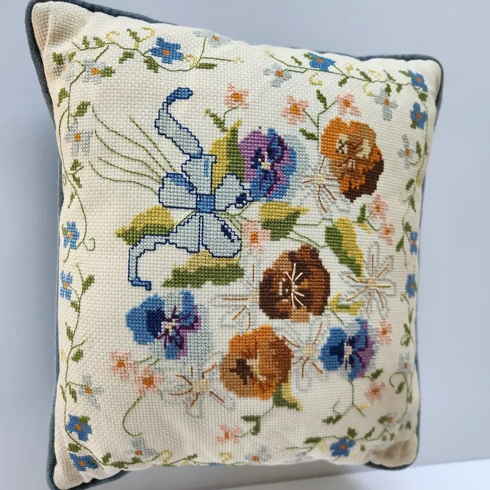 Vintage Hand Embroidered Needlepoint Granny Cottagecore Floral Throw Pillow